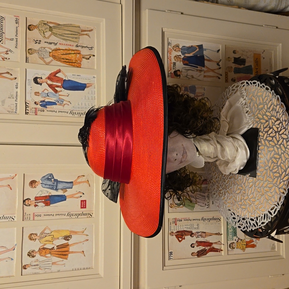 Fancy Decorated Red Straw Hat - image 3